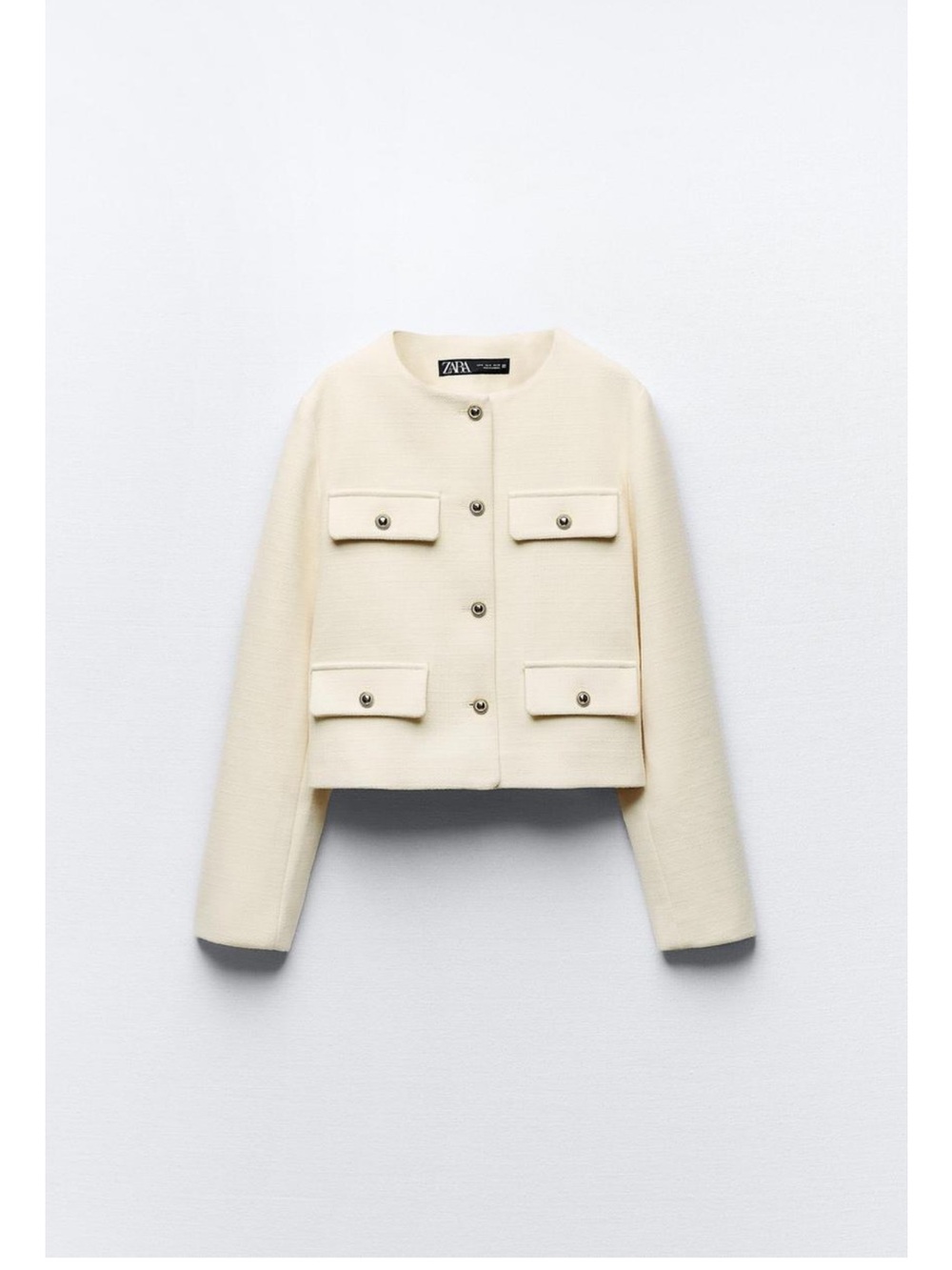 Zara Cream Cropped Button-Front Pocket Jacket